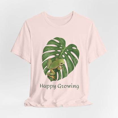 Happy Growing frog on monstera leaf T-Shirt | botanical nature tee